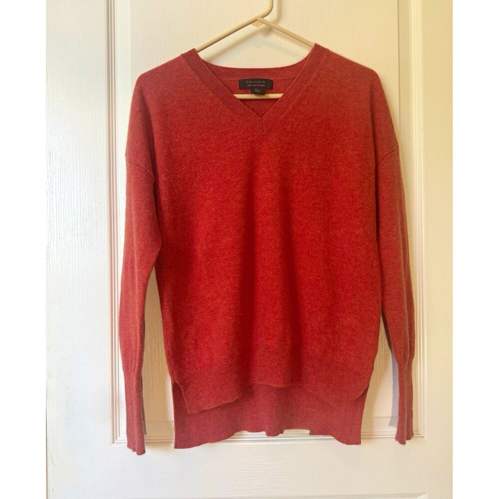 Tahari 100% Cashmere V-Neck Pullover Sweater Long Sleeve Solid Red Size Large